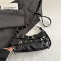 Chic black glossy leather underarm bag featuring double row silver buckle punk details - Black