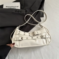 White faux leather shoulder bag with vintage buckles and metallic details for women - White