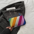 Rainbow striped crossbody bag with metallic texture and silver chain strap details - Blue