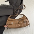 Vintage brown Y2K crossbody bag in glossy PU leather with metal buckles and rivets - Khaki