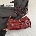Minimalist burgundy patent leather underarm bag with retro Y2K metal buckle straps - Red