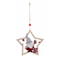 Nordic wooden star ornament featuring a painted gnome with red gift boxes and jute rope - Hollow Star