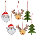 6-piece wooden Christmas hanging ornaments set with Santa, Reindeer and Tree motifs - Santa Reindeer Christmas Tree