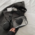 Fashionable transparent crossbody square bag with black heart and small round pouch charm - Black