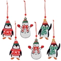 6-piece wooden Christmas ornaments set featuring festive penguins and snowman characters - Snowman Penguin
