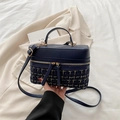 Sac à main boîte bleu marine en cuir et tweed avec zips dorés et pompons - Bleu