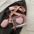 Pink transparent PVC crossbody bag with leather heart patch and matching mini pouch - Pink