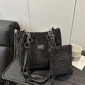 Zwarte corduroy tote bag set met kettinghengels en bijpassende kleine tas voor dames - Zwart