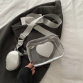 Silver square transparent PVC crossbody bag with white heart patch and coin purse - Silver