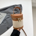 Cylindrical bucket bag in beige canvas and brown leather with double zip closure - Brown