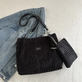 Borsa tote nera in velluto a coste con tracolla a catena e pochette coordinata - Nero