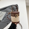 Cylindrical bucket bag with brown leather and beige canvas contrast and strap - Brown