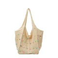 Large beige woven tote bag with colorful beads and minimalist shoulder straps - White
