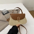 Bolso bandolera de paja tejida a mano con cuero marrón y cierre de metal dorado - Caqui