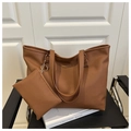 Detail of brown litchi pattern leather tote bag with gold fashion logo and small pouch - Brown