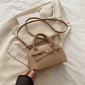 Beige faux leather shell bag with gold buckle detail and adjustable shoulder strap - Khaki