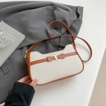 Beige woven texture handbag with brown leather bow detail and golden metal hardware - White