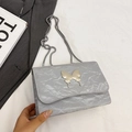 Silver wrinkled shoulder bag with a metal butterfly buckle and fine chain strap - Silver