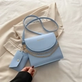 Stylish light blue shoulder bag with gold chain and a matching small pouch for women - Blue