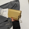 Detail of metallic gold mini bag with crocodile texture and silver chain strap - Gold
