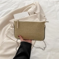 Borsa tote intrecciata beige minimalista con finiture in perline argento e catena - Cachi