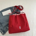 Borsa tote in tela rossa con coulisse e dettagli a quadretti bianchi e rossi - Rosso