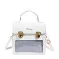 White PU leather ita bag with transparent window, gold heart clasp and top handle - White