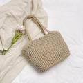 Borsa tote in cotone intrecciato beige con motivi a pois neri e manici robusti - Cachi (Senza Ciondolo)