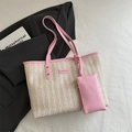 Beige geweven strooien shopper met roze lederen riemen en bijpassend etui - Roze