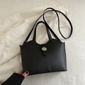 Borsa a secchiello minimalista in pelle nera da donna con fibbia argento e manici - Nero