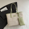 Grote beige geweven strooien shopper met groene leren hengsels en mini-tasje - Groen