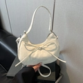 Chic cream bow knot crescent hobo bag with satin finish and adjustable strap - White Without Pendant