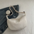 Creamy white corduroy half-moon crossbody bag with a round coin purse and black buckle - White