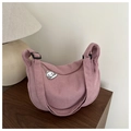 Detail of gray pink corduroy crescent bag with adjustable strap and cute sheep pendant - Pink