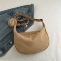 Khaki corduroy crescent tote bag with adjustable strap and matching round coin purse - Khaki