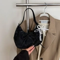 Elegant black velvet crescent bag with a decorative lace pearl bow charm detail - Black With Pendant