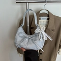 Light blue crescent handbag with bow accent and pearl lace charm detail - Silver with Charm