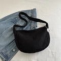 Black corduroy half-moon tote bag with cute white sheep pendant and adjustable strap - Black