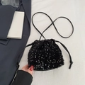 Fashionable black sequined drawstring bucket bag with a slim leather shoulder strap - Black