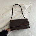 Fashionable dark brown baguette shoulder bag with woven texture and gold hardware - Dark Brown