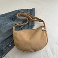 Khaki waffle texture corduroy crossbody bag with cute puppy pendant on denim jacket - Khaki