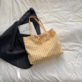Fresh yellow and white checkered canvas tote bag featuring a cute front bow tie - Yellow