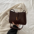 Dark brown faux crocodile leather shoulder bag with vintage metal buckle and top handle - Brown