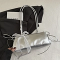 Silver metallic baguette bag with lace bow detail and ruched sides for women - Silver
