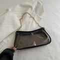 Translucent smokey grey crossbody bag with golden chain strap and black leather trim - Black
