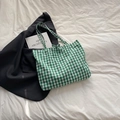 Elegant green and white checkered canvas tote bag featuring a cute bow tie accent - Green