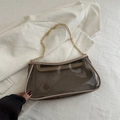 Borsa baguette retrò marrone caffè trasparente con catena d'oro e finiture beige - Cachi