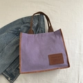 Purple corduroy tote bag with brown straps and leather patch detail for women - Purple