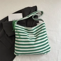 Green and white striped knitted tote bag with side lace detailing for women - Green