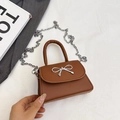 Brown bow accent mini shoulder bag with elegant silver chain and flap closure - Brown